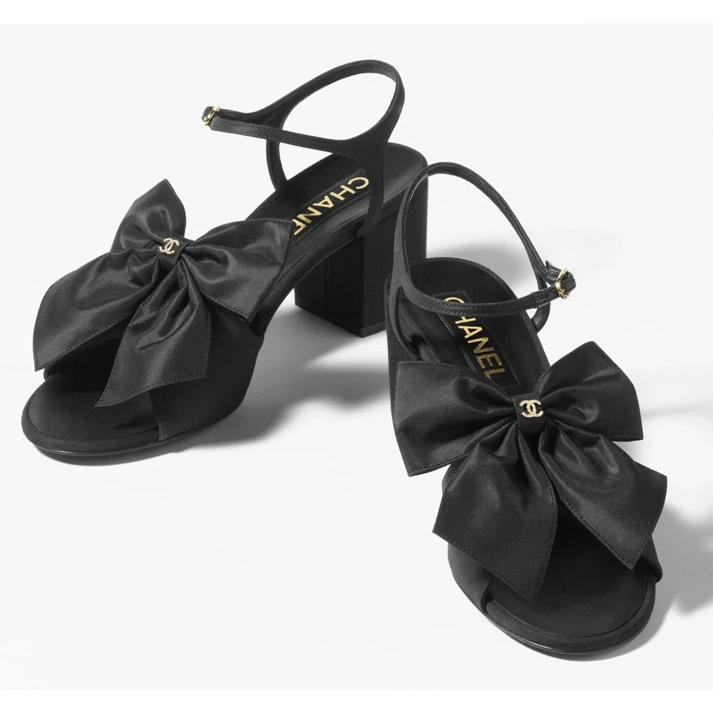 Chanel 24A Black Silk Bow Crystal CC Logo Ankle Strap Block Heel Sandals 42 - Picture 3 of 16